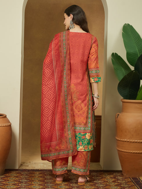 Janasya Women's Rust Cotton Blend Ethnic Motifs Printed Straight Kurta Set